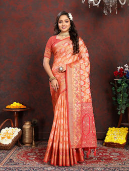 EXCLUSIVA - Women Orange Color Kanjeevaram Organza Silk Saree with Unstitched Blouse
