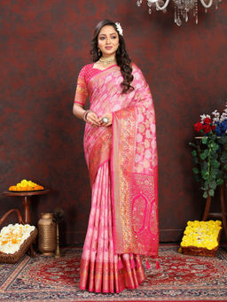 EXCLUSIVA - Women Pink Color Kanjeevaram Organza Silk Saree with Unstitched Blouse