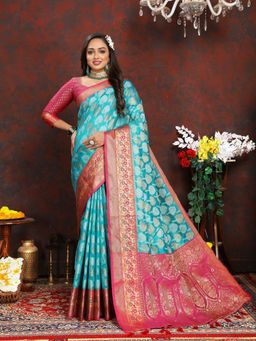 EXCLUSIVA - Women Turquoise Kanjeevaram Organza Silk Saree with Unstitched Blouse