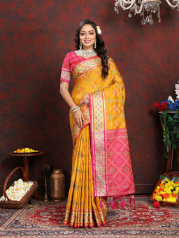 EXCLUSIVA - Women Mustard Color Kanjeevaram Patola Silk Saree with Unstitched Blouse