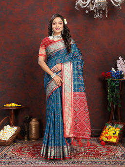 EXCLUSIVA - Women Navy Blue Color Kanjeevaram Patola Silk Saree with Unstitched Blouse