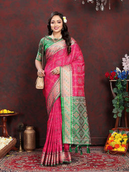 EXCLUSIVA - Women Pink Color Kanjeevaram Patola Silk Saree with Unstitched Blouse
