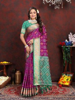 EXCLUSIVA - Women Purple Color Kanjeevaram Patola Silk Saree with Unstitched Blouse