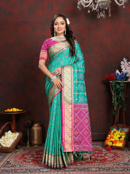 EXCLUSIVA - Women See Green Color Kanjeevaram Patola Silk Saree with Unstitched Blouse
