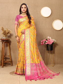 EXCLUSIVA - Women Mustard Color Kanjeevaram Patola Silk Saree with Unstitched Blouse