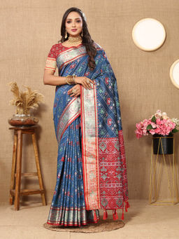 EXCLUSIVA - Women Navy Blue Color Kanjeevaram Patola Silk Saree with Unstitched Blouse
