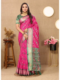EXCLUSIVA - Women Pink Color Kanjeevaram Patola Silk Saree with Unstitched Blouse