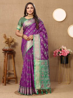 EXCLUSIVA - Women Purple Color Kanjeevaram Patola Silk Saree with Unstitched Blouse
