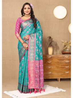 EXCLUSIVA - Women Rama Color Kanjeevaram Patola Silk Saree with Unstitched Blouse