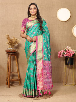 EXCLUSIVA - Women See Green Color Kanjeevaram Patola Silk Saree with Unstitched Blouse