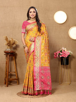 EXCLUSIVA - Women Mustard Color Kanjeevaram Patola Silk Saree with Unstitched Blouse