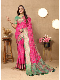 EXCLUSIVA - Women Pink Color Kanjeevaram Patola Silk Saree with Unstitched Blouse