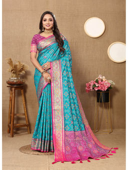 EXCLUSIVA - Women Rama Color Kanjeevaram Patola Silk Saree with Unstitched Blouse