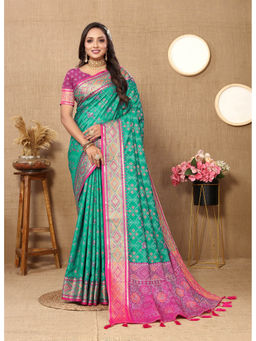 EXCLUSIVA - Women See Green Color Kanjeevaram Patola Silk Saree with Unstitched Blouse