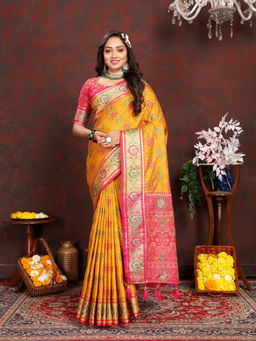EXCLUSIVA - Women Mustard Color Kanjeevaram Patola Silk Saree with Unstitched Blouse