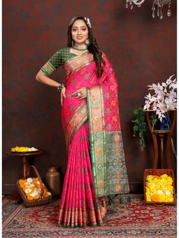EXCLUSIVA - Women Pink Color Kanjeevaram Patola Silk Saree with Unstitched Blouse