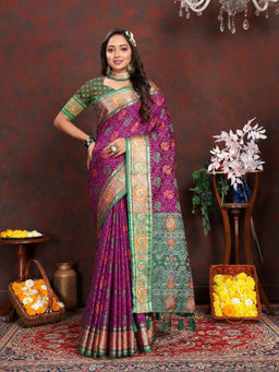 EXCLUSIVA - Women Purple Color Kanjeevaram Patola Silk Saree with Unstitched Blouse