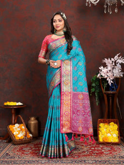 EXCLUSIVA - Women Rama Color Kanjeevaram Patola Silk Saree with Unstitched Blouse