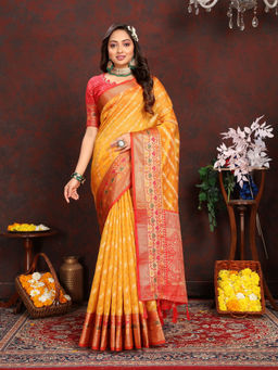 EXCLUSIVA - Women Mustard Color Kanjeevaram Organza Silk Saree with Unstitched Blouse