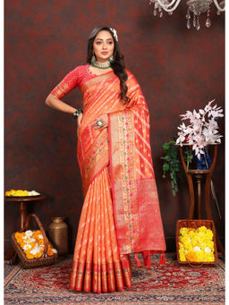 EXCLUSIVA - Women Orange Color Kanjeevaram Organza Silk Saree with Unstitched Blouse