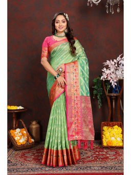 EXCLUSIVA - Women Parrot Color Kanjeevaram Organza Silk Saree with Unstitched Blouse
