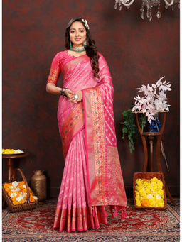 EXCLUSIVA - Women Pink Color Kanjeevaram Organza Silk Saree with Unstitched Blouse
