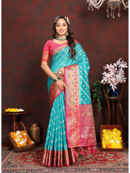 EXCLUSIVA - Women Rama Color Kanjeevaram Organza Silk Saree with Unstitched Blouse