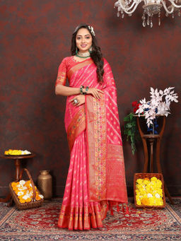 EXCLUSIVA - Women Tommeto Color Kanjeevaram Organza Silk Saree with Unstitched Blouse