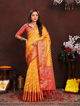 EXCLUSIVA - Women Mustard Color Kanjeevaram Organza Silk Saree with Unstitched Blouse