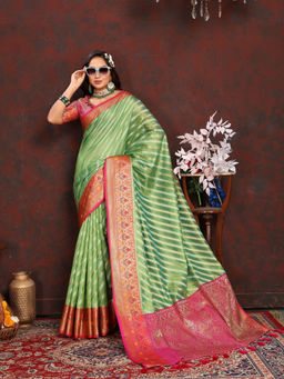 EXCLUSIVA - Women Parrot Color Kanjeevaram Organza Silk Saree with Unstitched Blouse