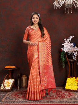 EXCLUSIVA - Women Peach Color Kanjeevaram Organza Silk Saree with Unstitched Blouse