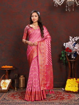 EXCLUSIVA - Women Pink Color Kanjeevaram Organza Silk Saree with Unstitched Blouse