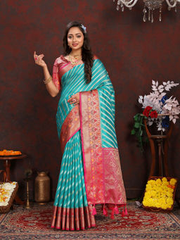 EXCLUSIVA - Women Rama Color Kanjeevaram Organza Silk Saree with Unstitched Blouse