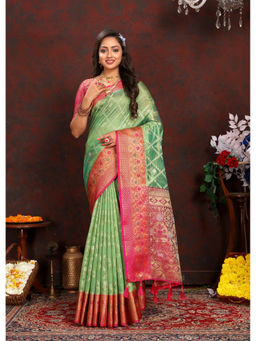 EXCLUSIVA - Women Parrot Color Kanjeevaram Organza Silk Saree with Unstitched Blouse