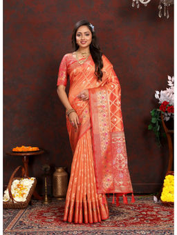 EXCLUSIVA - Women Peach Color Kanjeevaram Organza Silk Saree with Unstitched Blouse