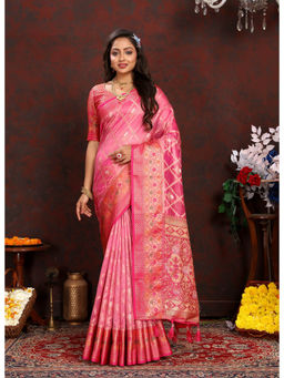 EXCLUSIVA - Women Pink Color Kanjeevaram Organza Silk Saree with Unstitched Blouse