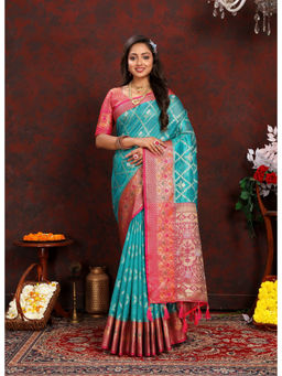EXCLUSIVA - Women Rama Color Kanjeevaram Organza Silk Saree with Unstitched Blouse