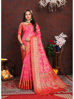 EXCLUSIVA - Women Tommeto Color Kanjeevaram Organza Silk Saree with Unstitched Blouse