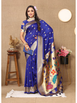 EXCLUSIVA - Women Blue Color Paithani Silk Saree with Unstitched Blouse