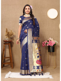 EXCLUSIVA - Women Navy Blue Color Paithani Silk Saree with Unstitched Blouse