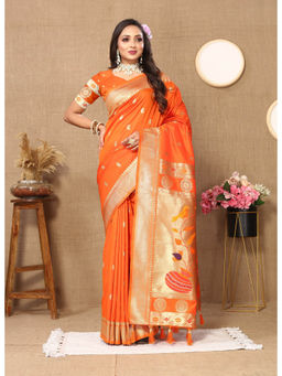 EXCLUSIVA - Women Orange Color Paithani Silk Saree with Unstitched Blouse