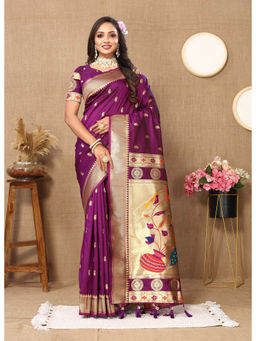 EXCLUSIVA - Women Purple Color Paithani Silk Saree with Unstitched Blouse