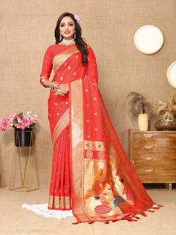 EXCLUSIVA - Women Red Color Paithani Silk Saree with Unstitched Blouse