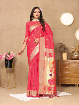 EXCLUSIVA - Women Tommeto Color Paithani Silk Saree with Unstitched Blouse