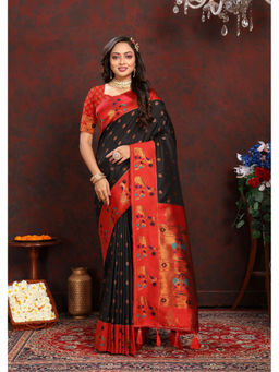 EXCLUSIVA - Women Black Color Paithani Silk Saree with Unstitched Blouse