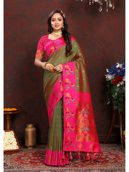 EXCLUSIVA - Women Mahendi Color Paithani Silk Saree with Unstitched Blouse