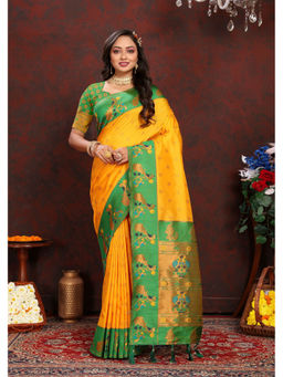 EXCLUSIVA - Women Mustard Color Paithani Silk Saree with Unstitched Blouse