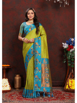 EXCLUSIVA - Women Parrot Color Paithani Silk Saree with Unstitched Blouse