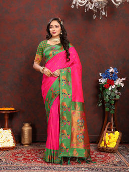 EXCLUSIVA - Women Pink Color Paithani Silk Saree with Unstitched Blouse