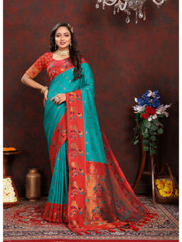 EXCLUSIVA - Women Rama Color Paithani Silk Saree with Unstitched Blouse